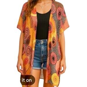 Jessica McClintock Kimono One Size Vibrant Geometric Boho Retro Coverup Resort